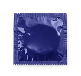 Packaged condom isolated on white, top view. Safe sex