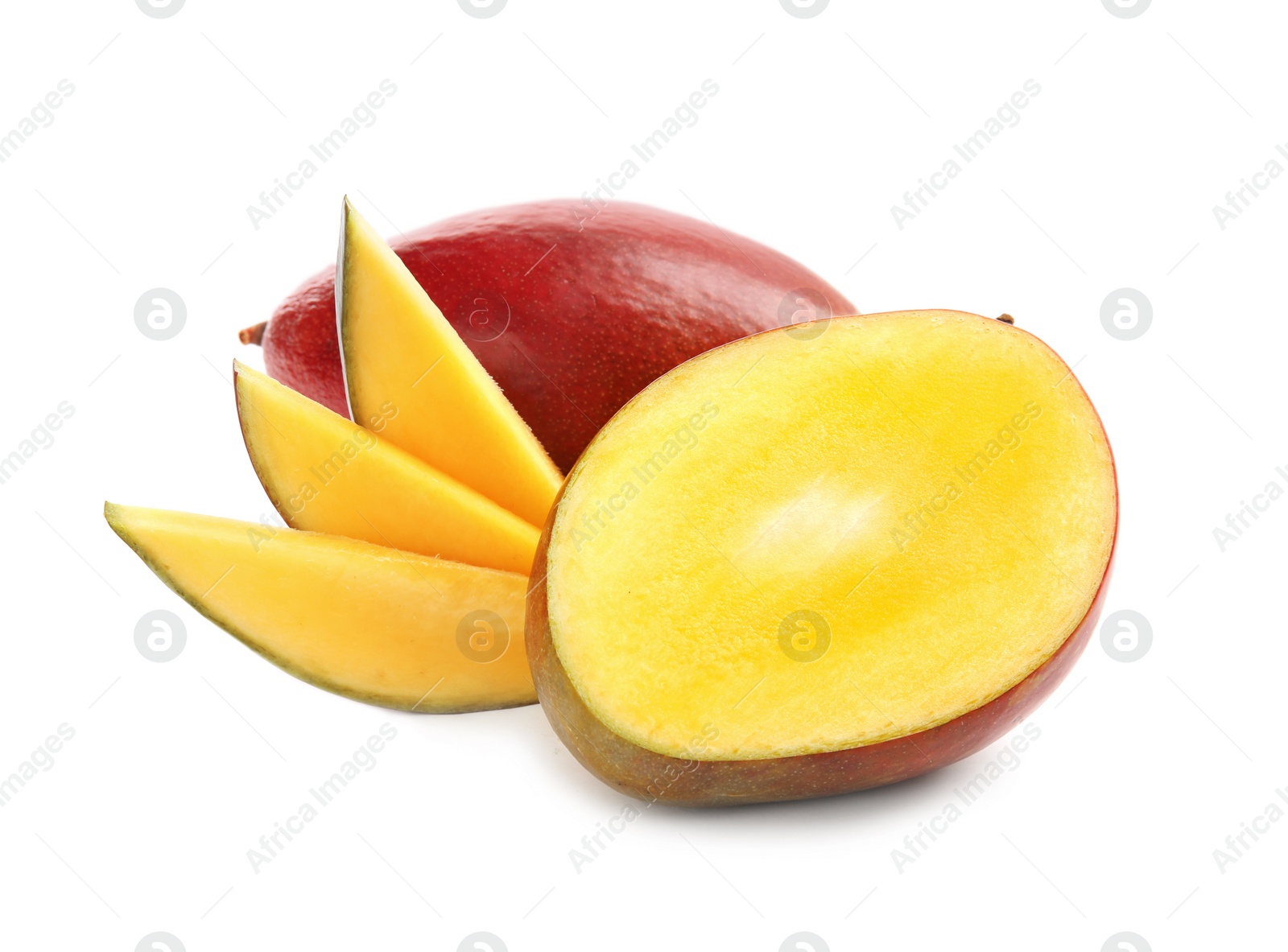 Photo of Delicious ripe mangoes on white background. Tropical fruit