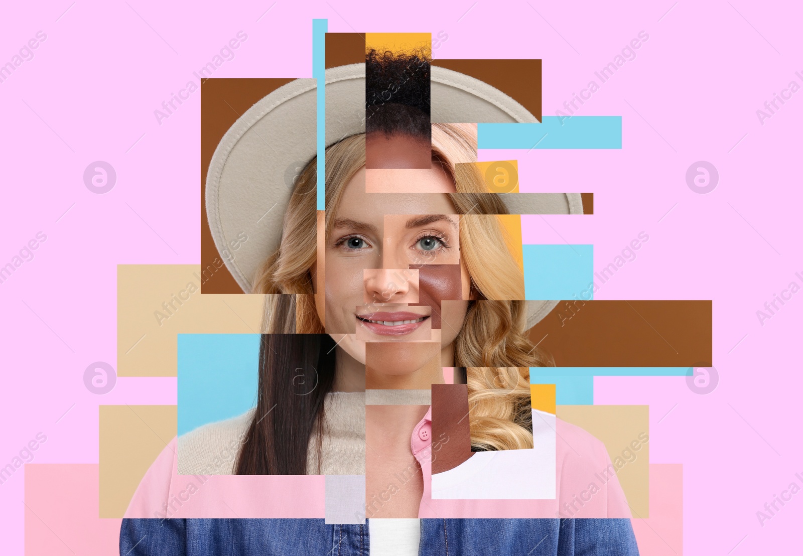 Image of Combined portrait of woman on light violet background. Collage with parts of different people's photos