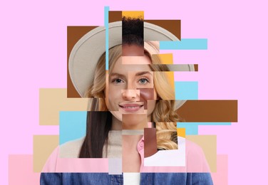 Image of Combined portrait of woman on light violet background. Collage with parts of different people's photos