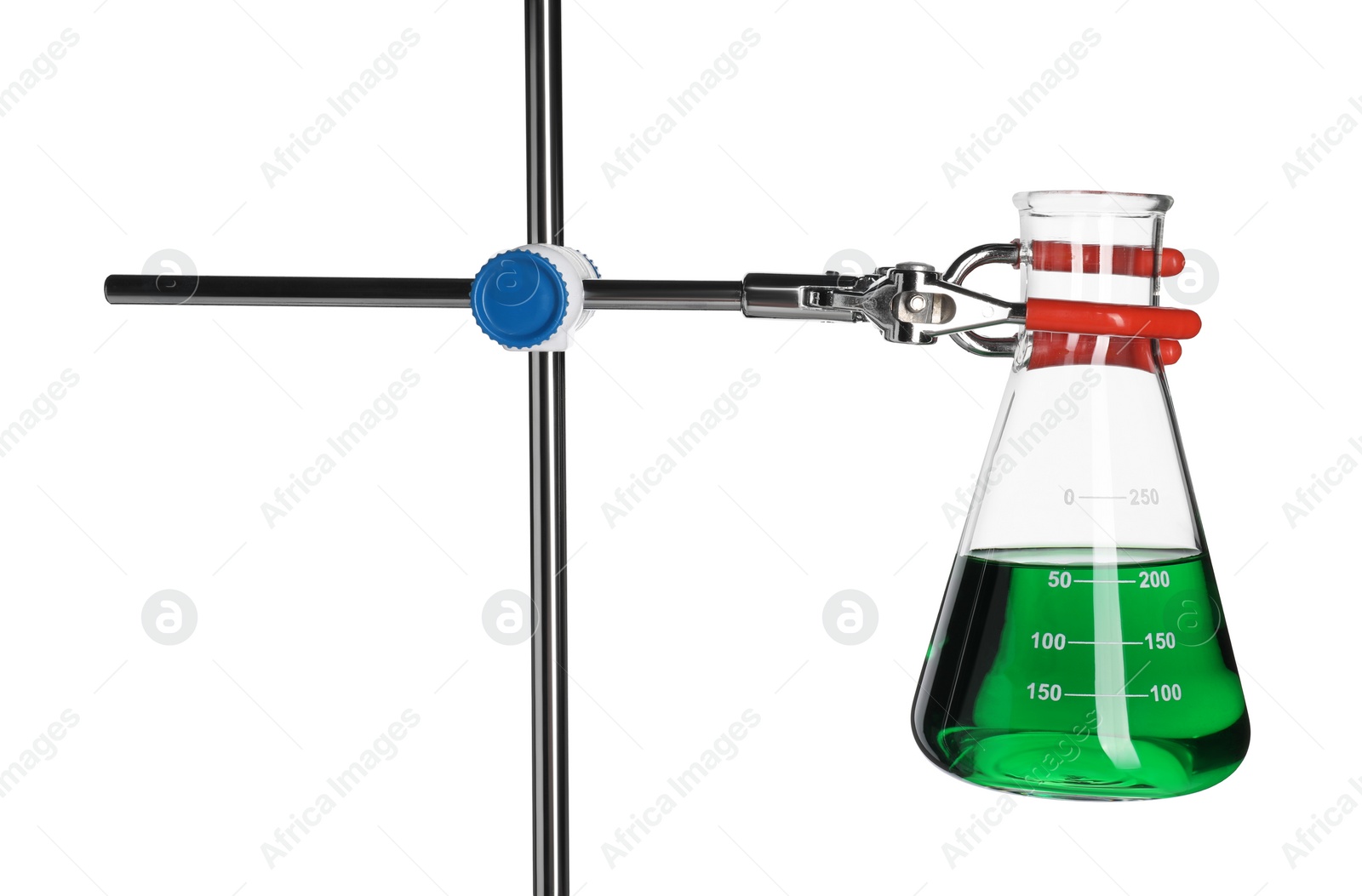 Photo of Retort stand with flask of green liquid isolated on white