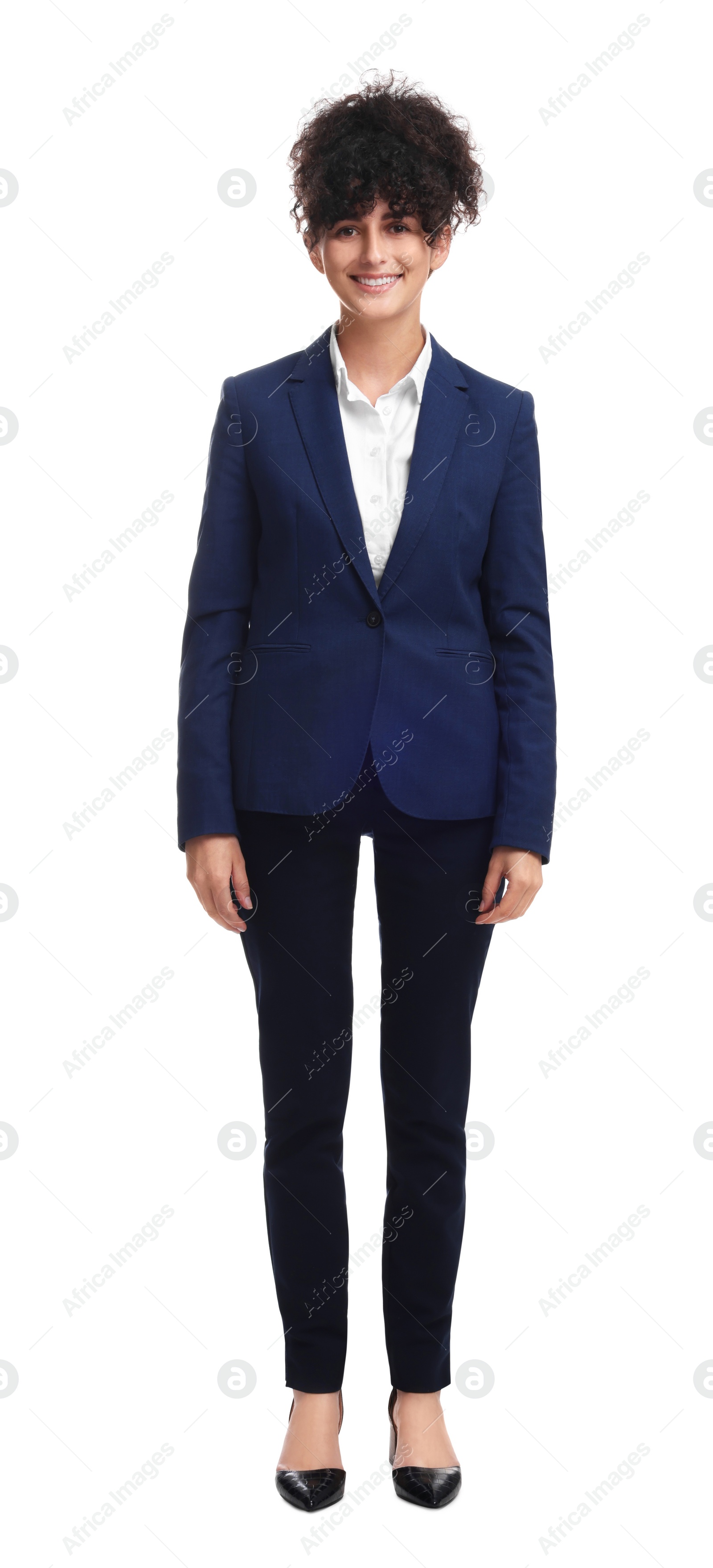 Photo of Beautiful young businesswoman in suit on white background