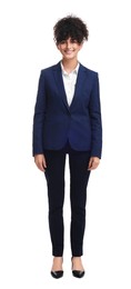 Beautiful young businesswoman in suit on white background