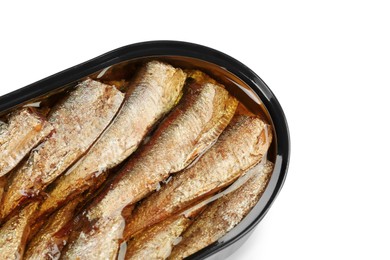 Photo of One tin can of sprats isolated on white, top view