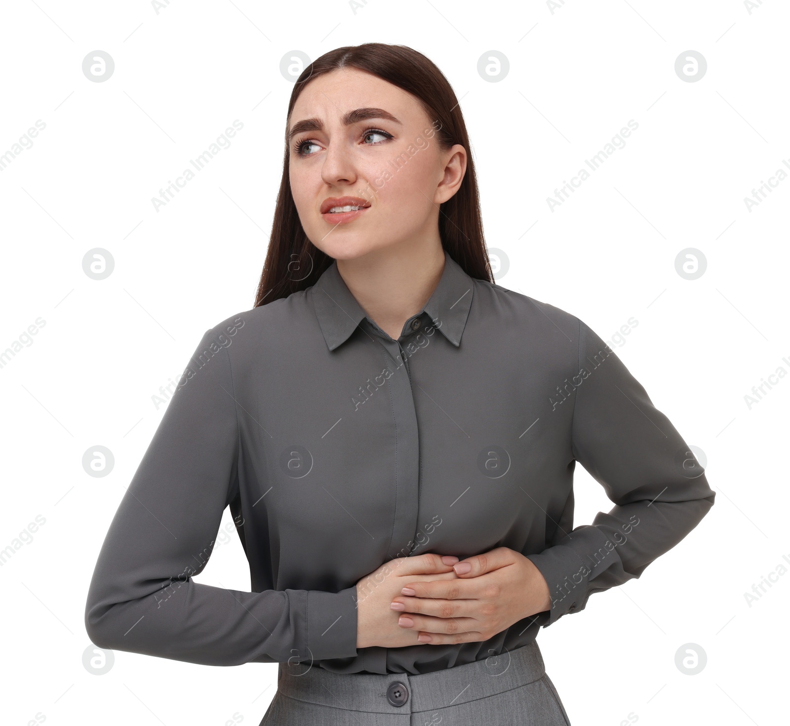 Photo of Woman suffering from stomach pain on white background
