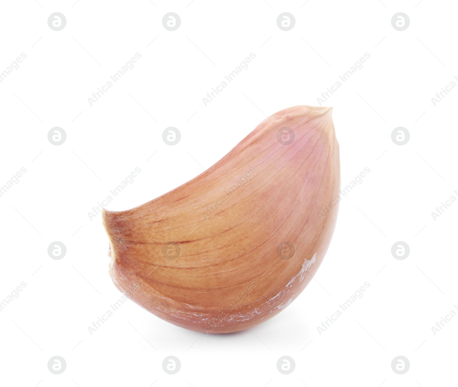 Photo of Fresh unpeeled garlic clove on white background