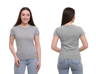Image of Woman wearing casual grey t-shirt on white background, mockup for design. Collage with back and front view photos
