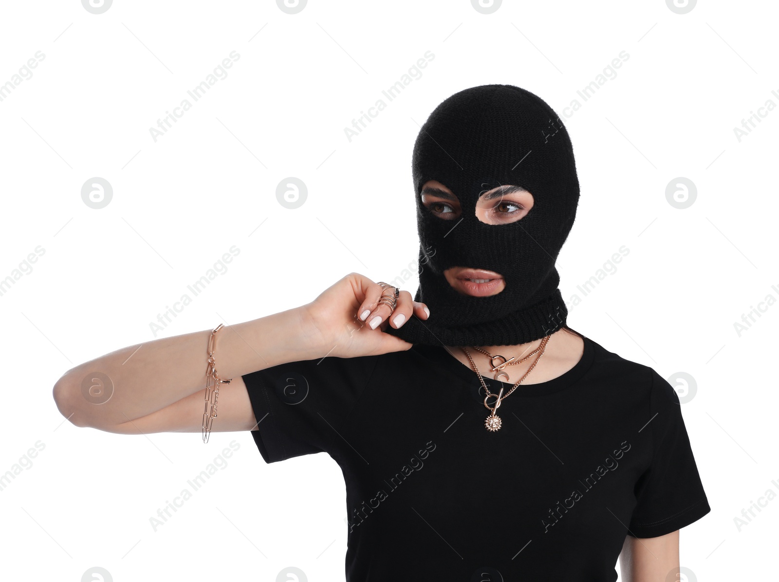 Photo of Woman wearing knitted balaclava on white background