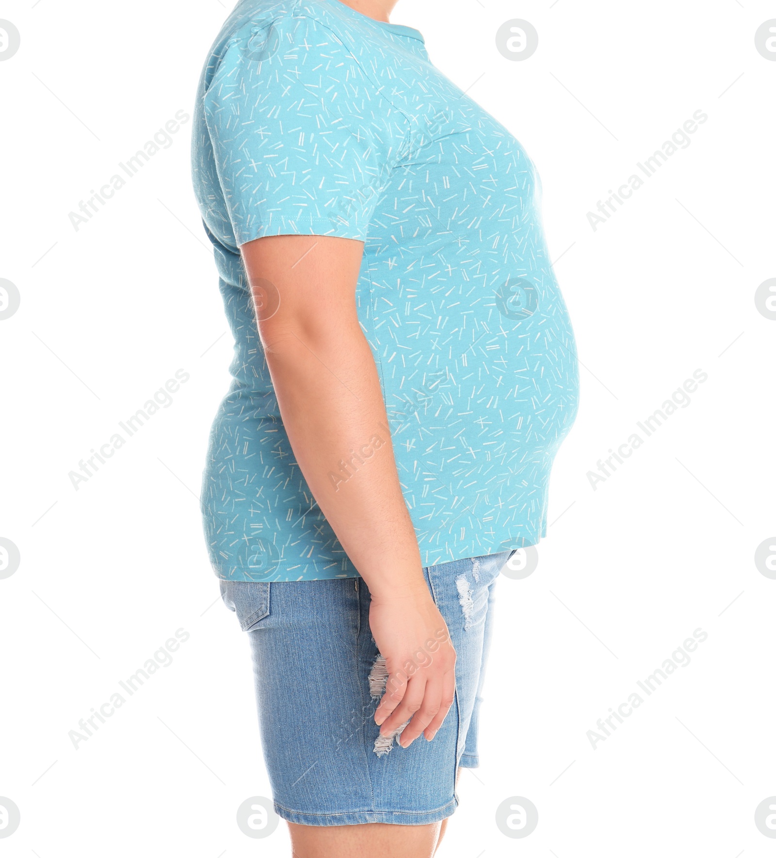Photo of Fat woman on white background, closeup. Weight loss