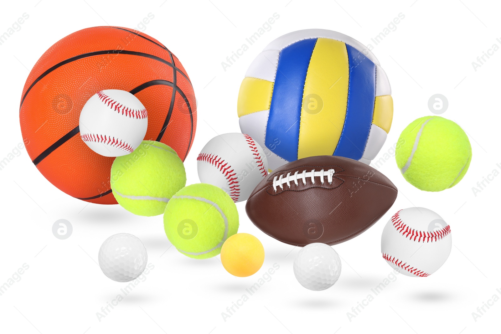 Image of Many balls for different sports flying on white background