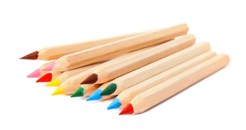 Photo of Different color pencils on white background. School stationery