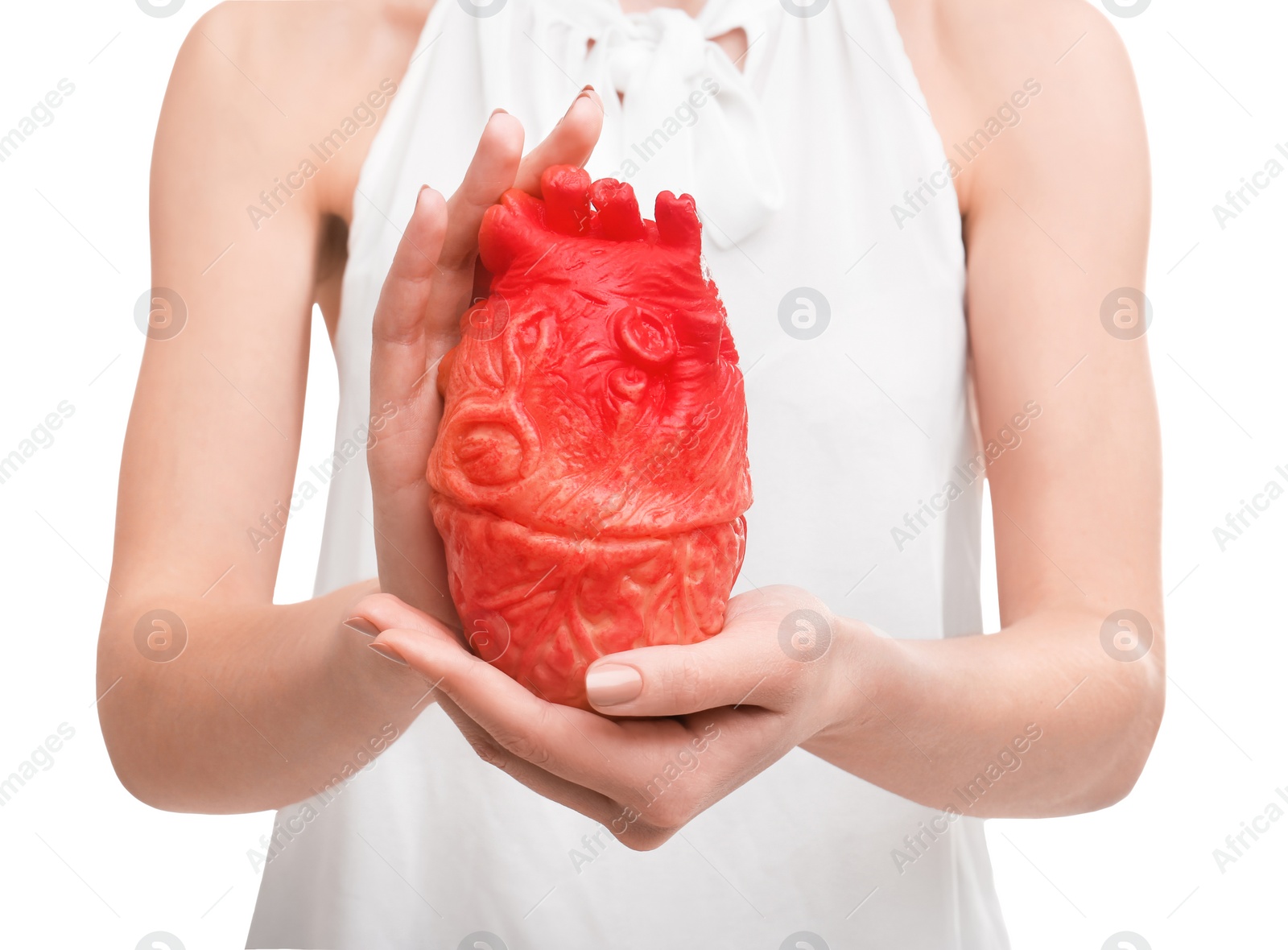 Photo of Woman holding model of heart on white background. Heart attack concept