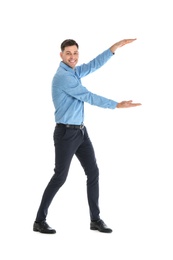 Photo of Man in office wear holding something on white background