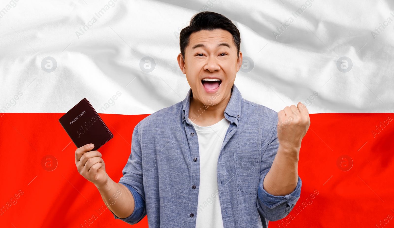 Image of Immigration. Happy man with passport against national flagPoland, banner design