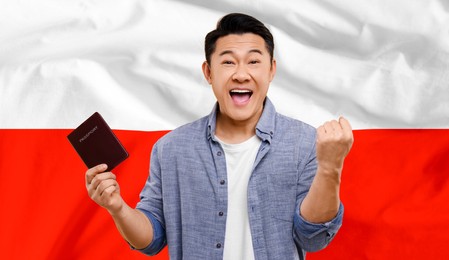 Image of Immigration. Happy man with passport against national flag of Poland, banner design