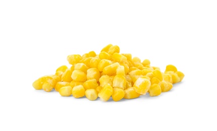 Photo of Frozen corn on white background. Vegetable preservation