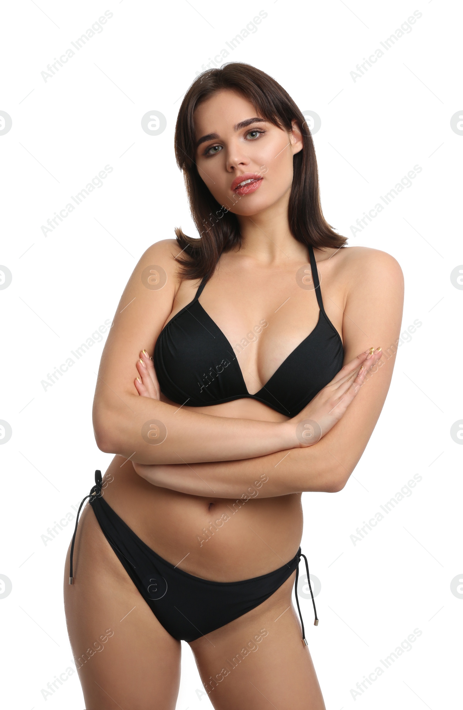 Photo of Beautiful woman in stylish bikini on white background