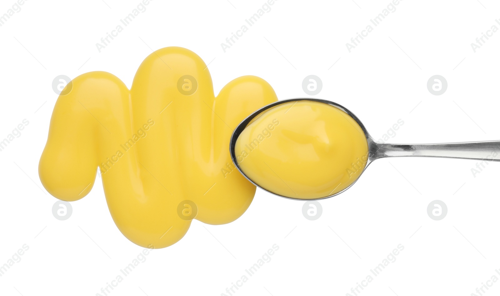 Photo of Delicious cheese sauce and spoon isolated on white, top view