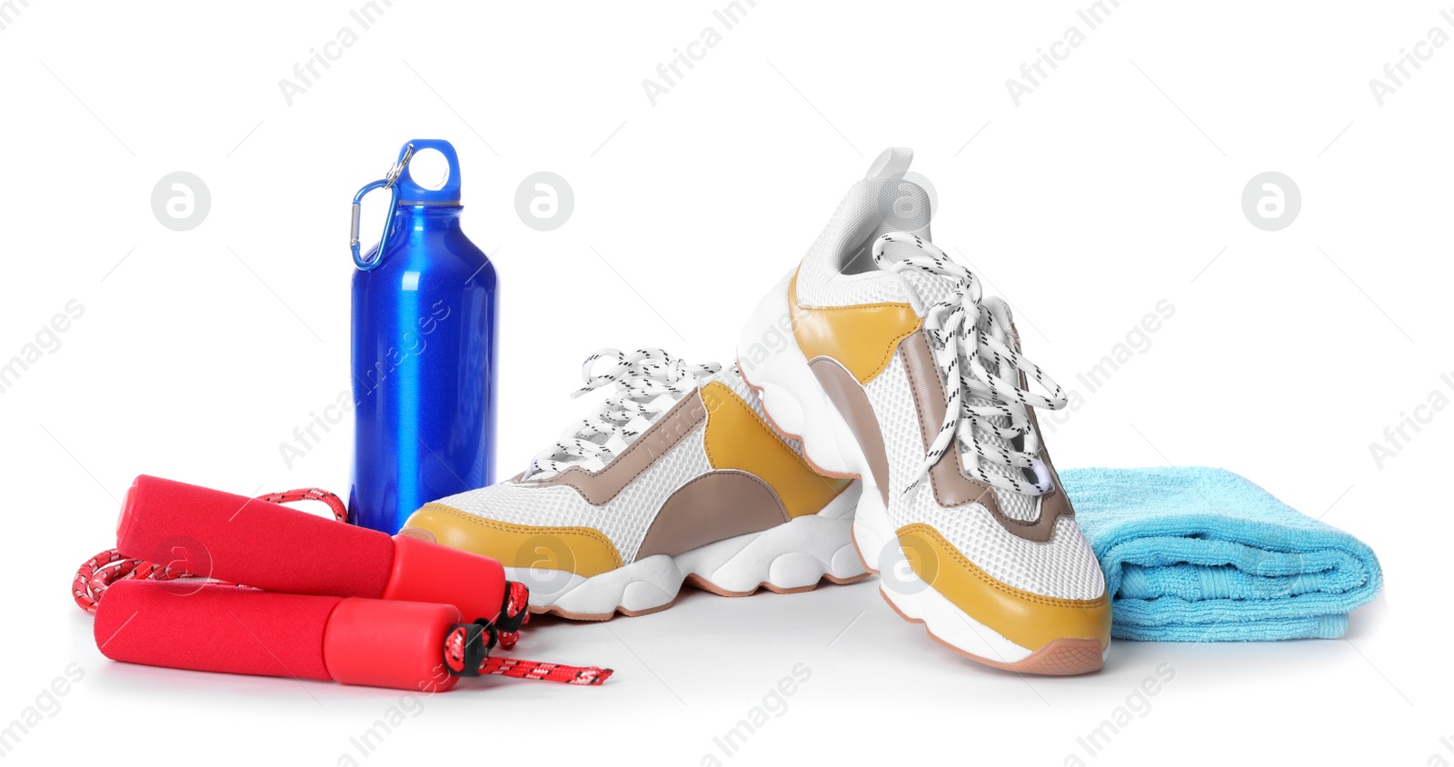 Photo of Composition with fitness gym equipment on white background