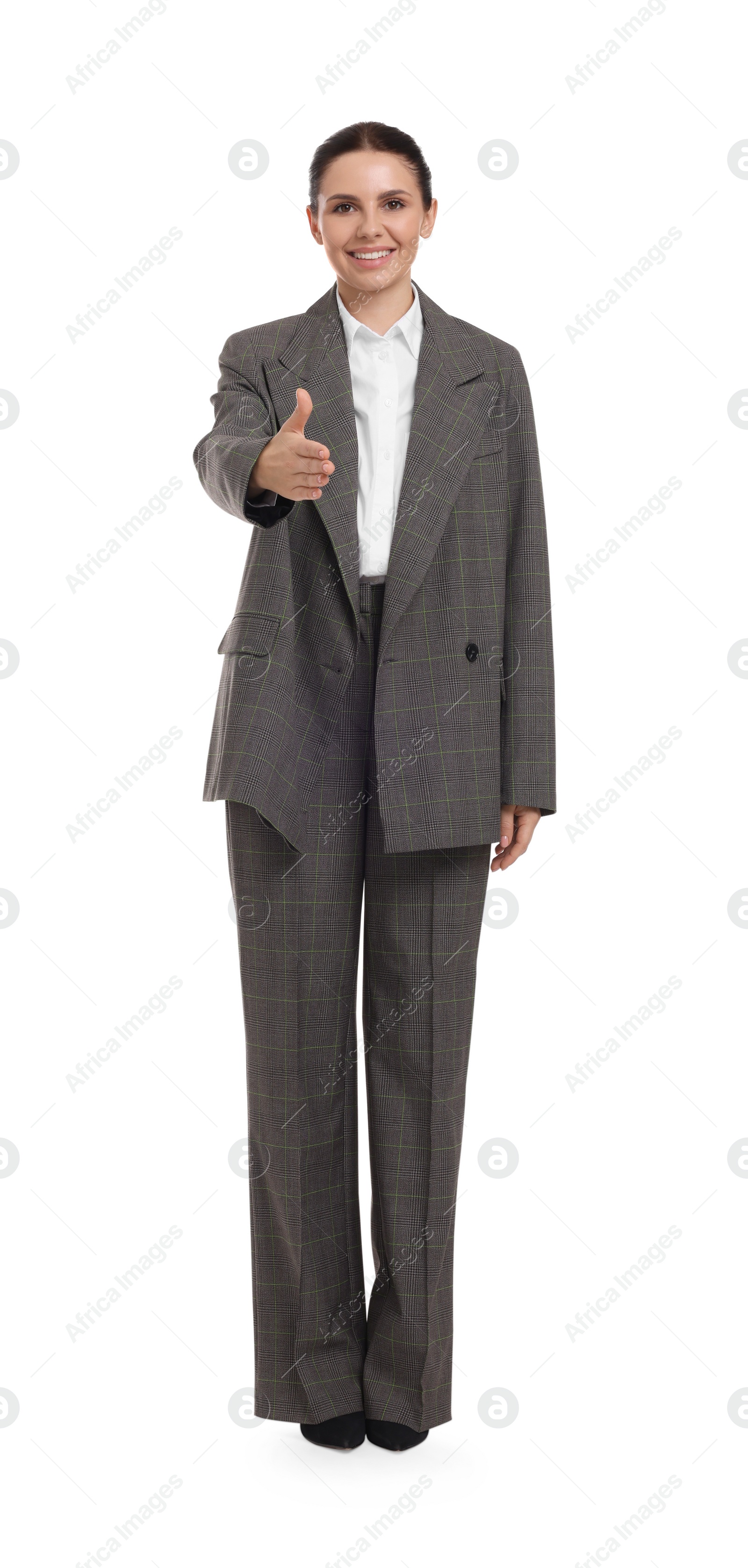 Photo of Beautiful happy businesswoman in suit on white background