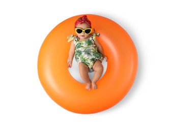 Cute little baby in sunglasses with inflatable ring on white background, top view