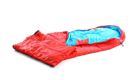 Photo of Sleeping bag on white background. Camping equipment