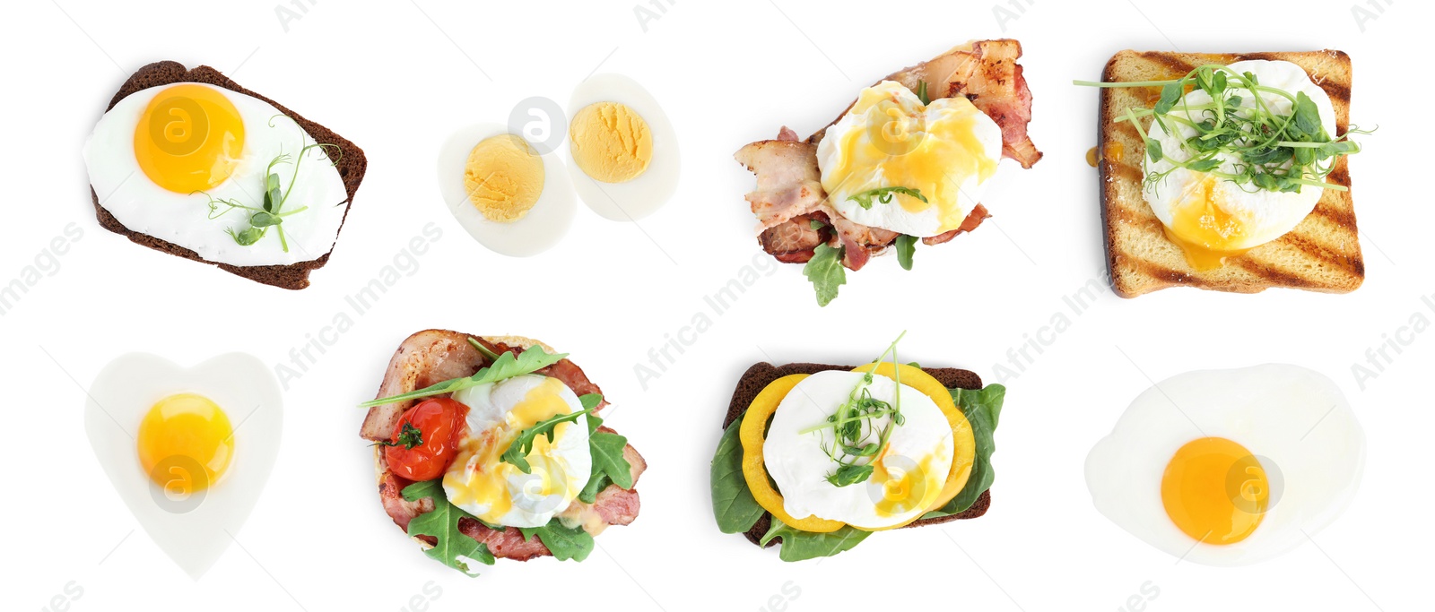 Image of Set of different egg dishes on white background, top view. Banner design