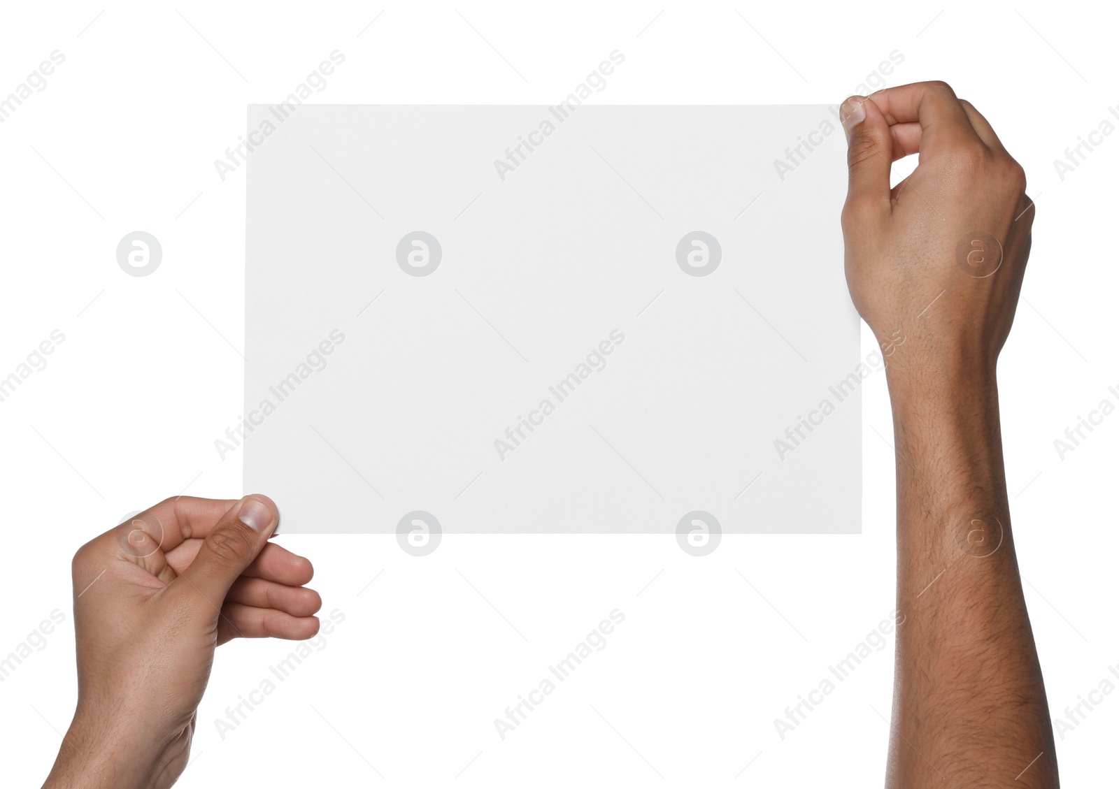 Photo of Man holding sheet of paper on white background, closeup. Mockup for design