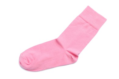 Photo of New pink sock isolated on white, top view