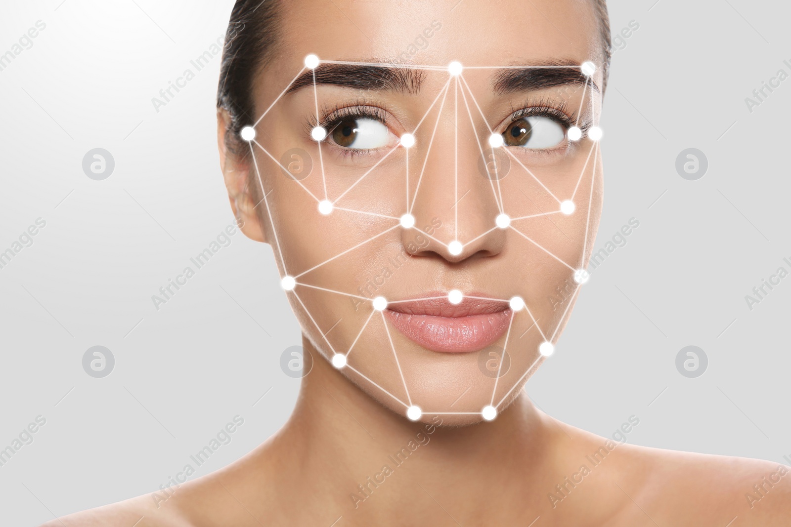 Image of Facial recognition system. Woman with digital biometric grid on light background, closeup