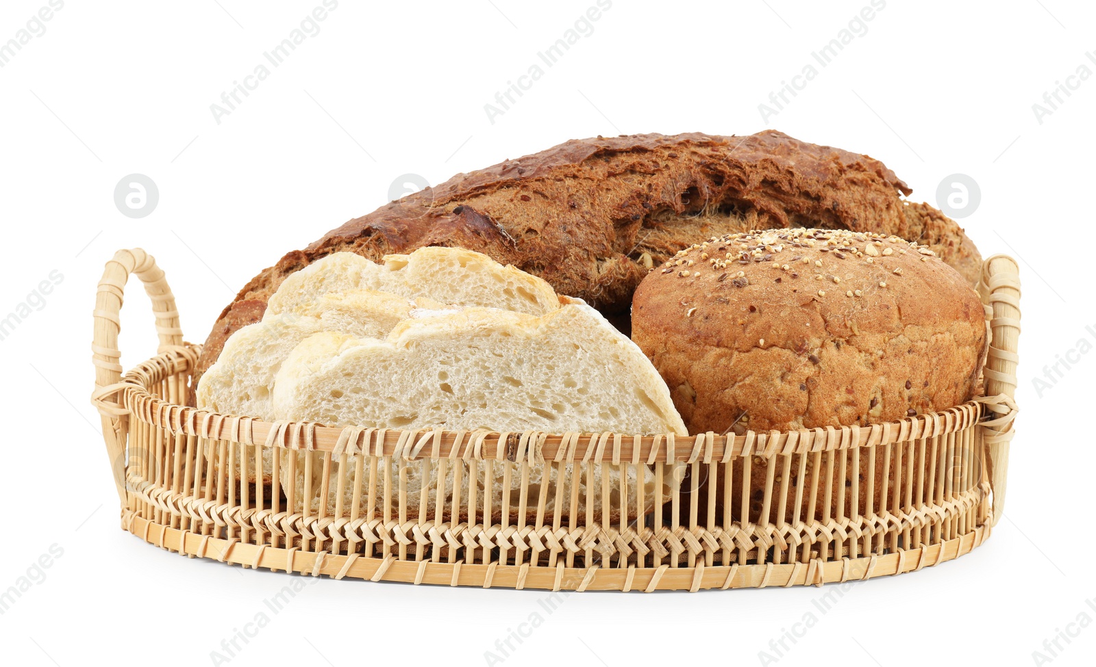 Photo of Wicker basket with different types of fresh bread isolated on white