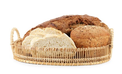 Photo of Wicker basket with different types of fresh bread isolated on white