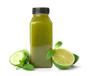 Photo of Bottle with healthy detox smoothie and ingredients on white background