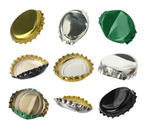 Image of Different beer bottle caps isolated on white, set