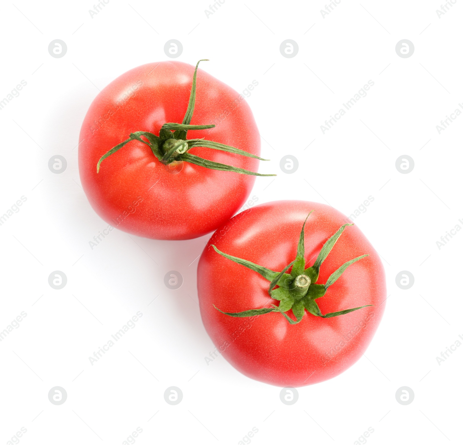 Photo of Fresh ripe organic tomatoes isolated on white, top view