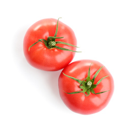 Photo of Fresh ripe organic tomatoes isolated on white, top view