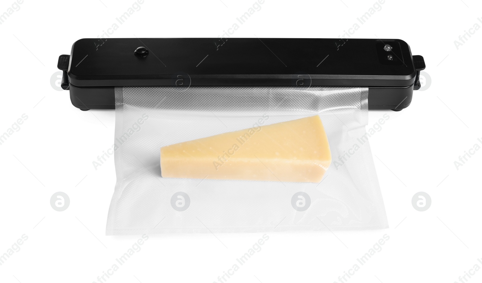 Photo of Vacuum packing sealer and plastic bag with cheese on white background