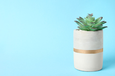 Photo of Beautiful artificial plant in flower pot on light blue background, space for text