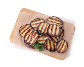 Serving board with delicious grilled eggplant slices with parsley isolated on white, top view