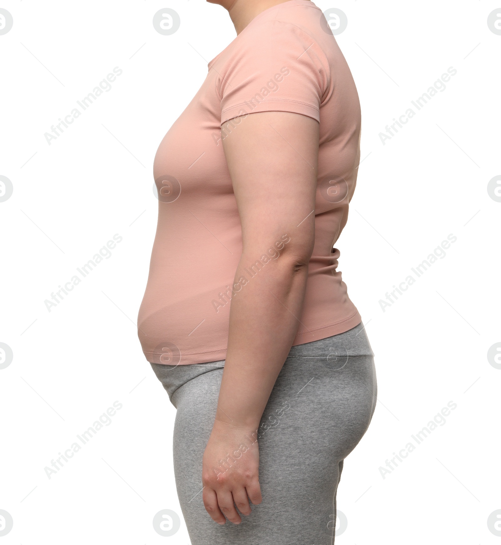 Photo of Overweight woman on white background, closeup view