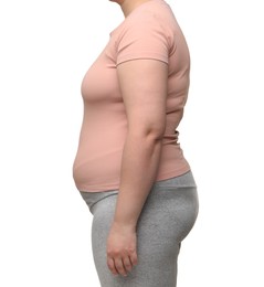 Overweight woman on white background, closeup view