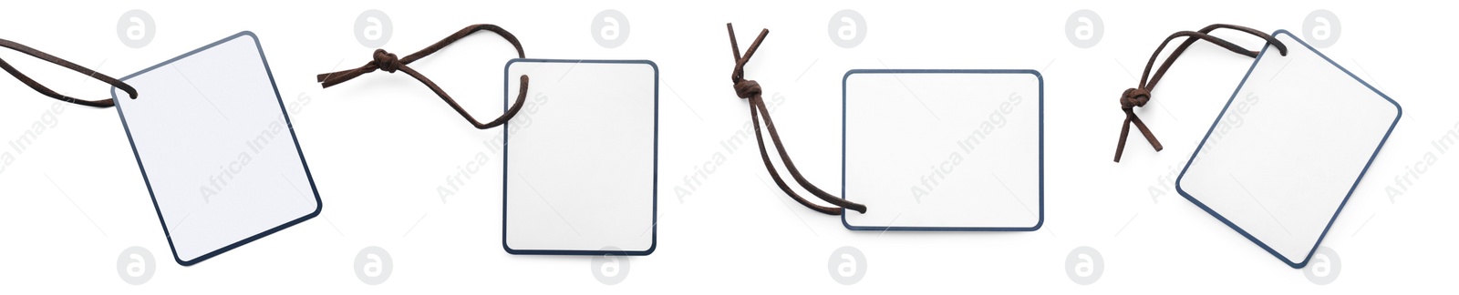 Image of Set with blank tags on white background, top view. Banner design