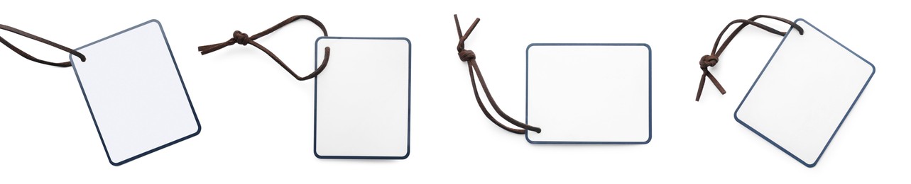 Image of Set with blank tags on white background, top view. Banner design