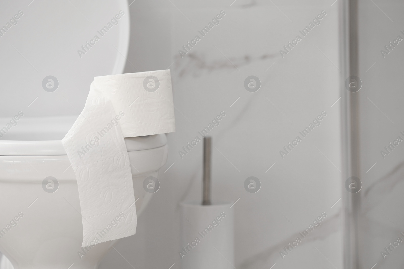 Photo of Paper roll on toilet bowl in bathroom