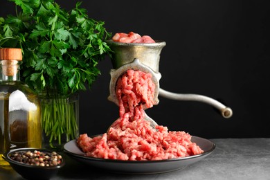 Photo of Manual meat grinder with beef mince, spices, oil and parsley on grey table