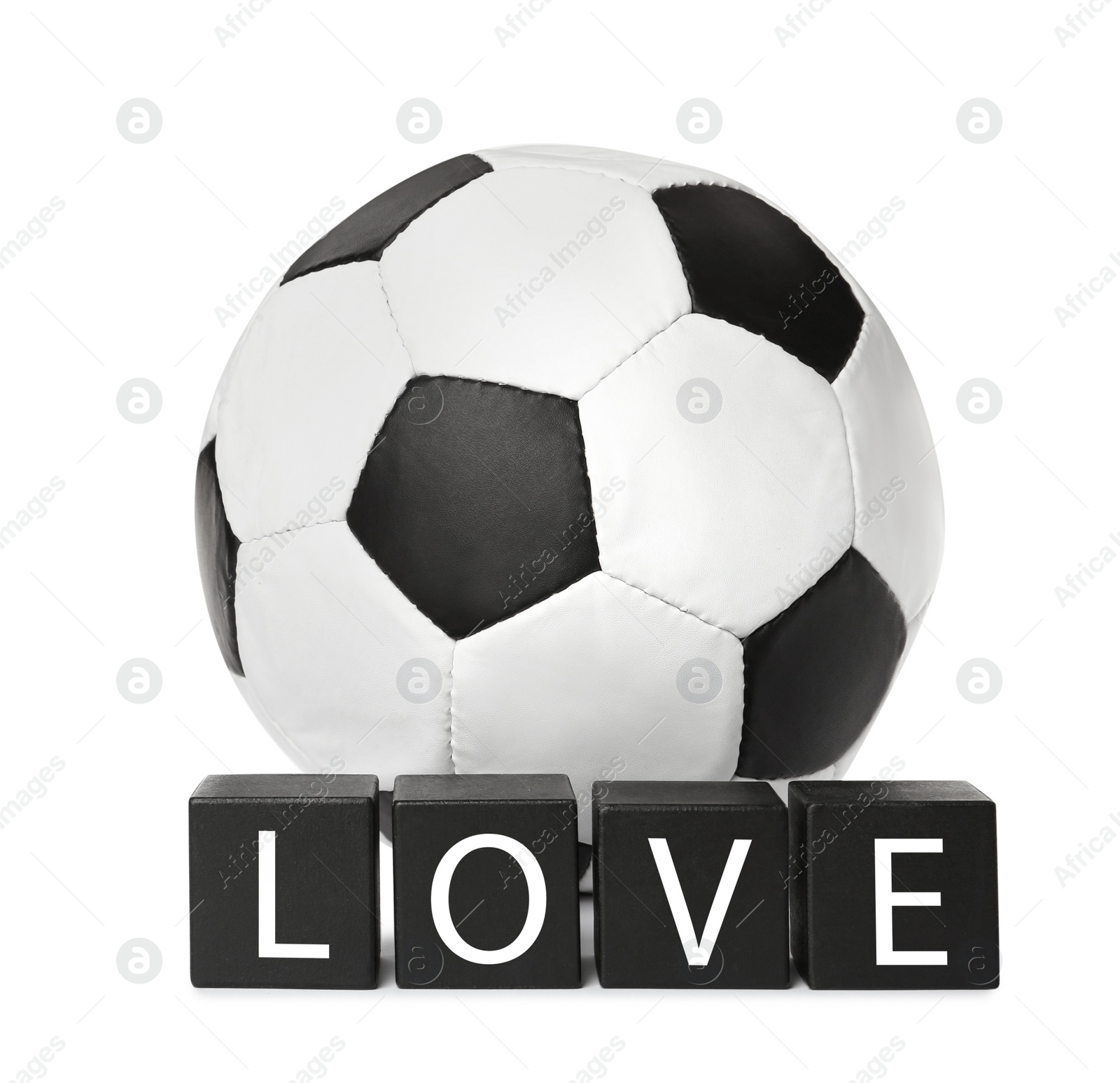 Photo of Soccer ball and cubes with word Love on white background