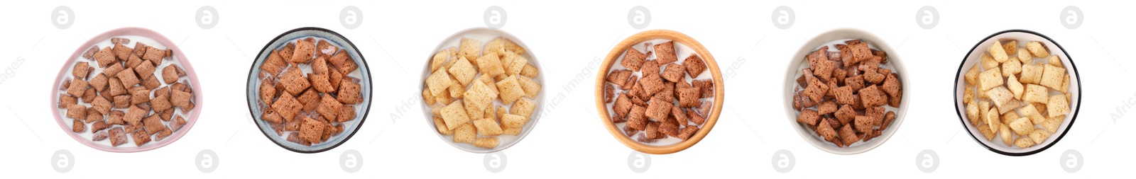 Image of Tasty corn pads with milk in bowls on white background, collage. Banner design