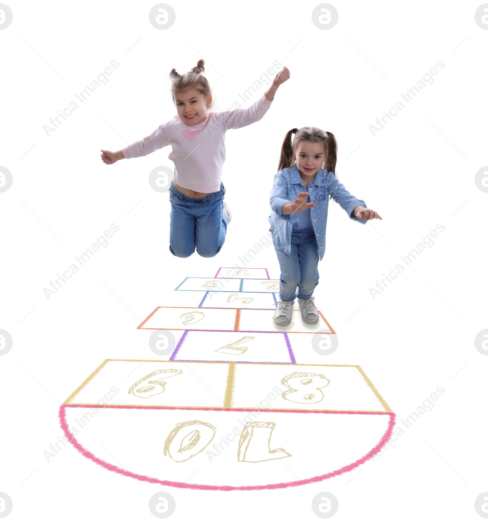 Image of Cute little girls playing hopscotch on white background