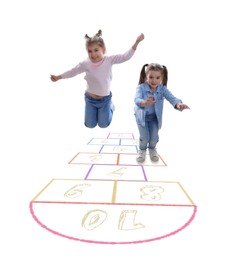 Image of Cute little girls playing hopscotch on white background