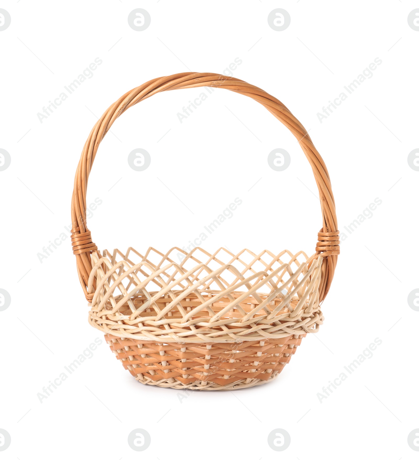 Photo of Decorative wicker basket with handle isolated on white